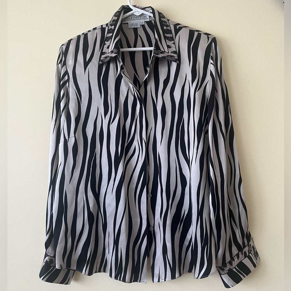 Vintage Starington Silk Blouse Hidden Button Front Tiger Print 12